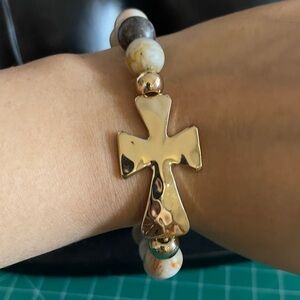 Gold tone cross authentic stone adjustable bracelet